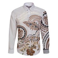 Polynesian Manta Ray Family Matching Mermaid Dress and Hawaiian Shirt Beige Floral Turtle Tattoo LT9 Dad's Shirt - Long Sleeve Beige - Polynesian Pride