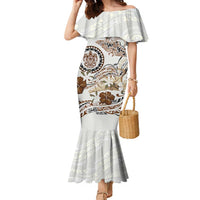 Polynesian Manta Ray Family Matching Mermaid Dress and Hawaiian Shirt Beige Floral Turtle Tattoo LT9 Mom's Dress Beige - Polynesian Pride