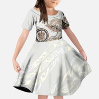 Polynesian Manta Ray Family Matching Off The Shoulder Long Sleeve Dress and Hawaiian Shirt Beige Floral Turtle Tattoo LT9 Daughter's Dress Beige - Polynesian Pride