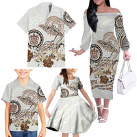 Polynesian Manta Ray Family Matching Off The Shoulder Long Sleeve Dress and Hawaiian Shirt Beige Floral Turtle Tattoo LT9 - Polynesian Pride