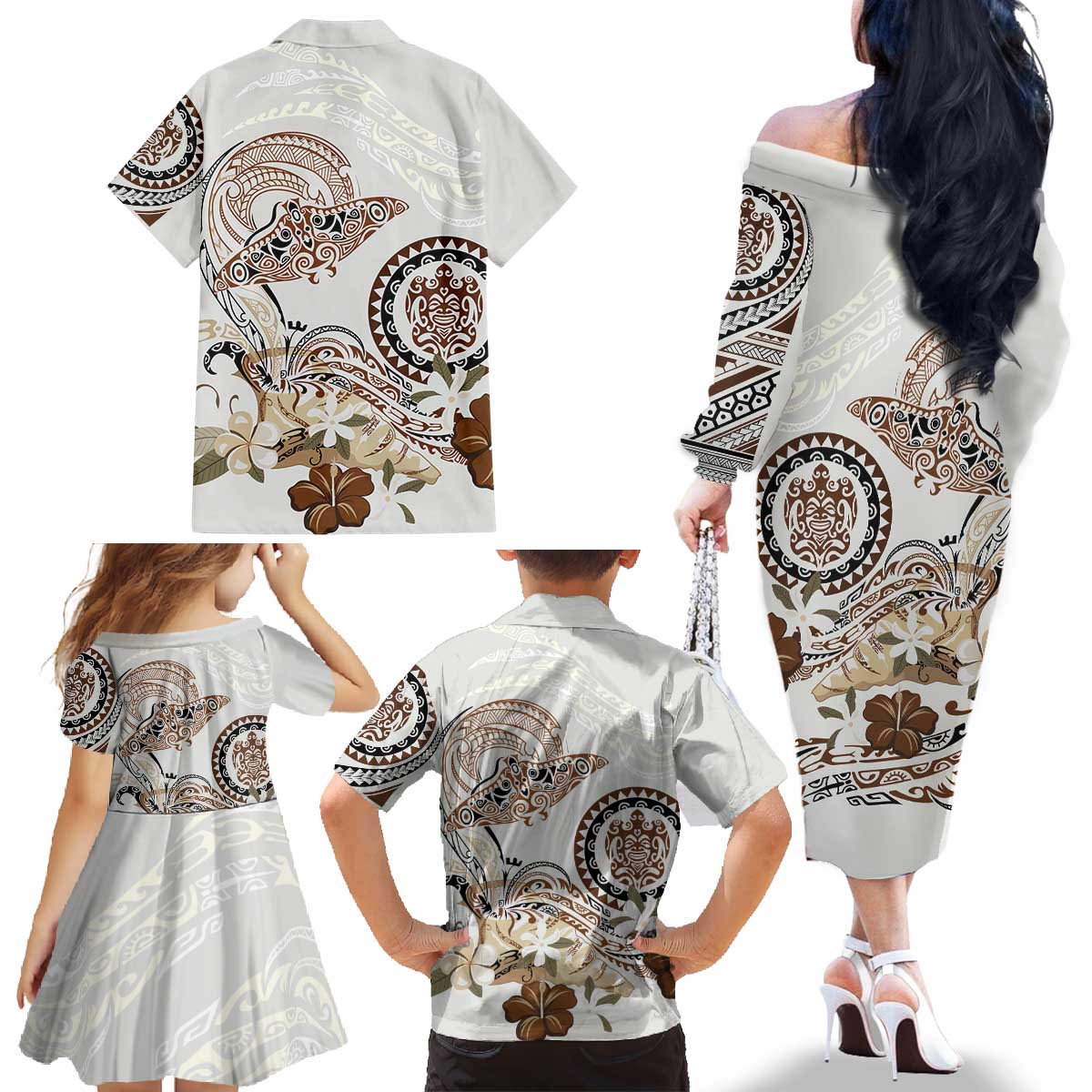 Polynesian Manta Ray Family Matching Off The Shoulder Long Sleeve Dress and Hawaiian Shirt Beige Floral Turtle Tattoo LT9 - Polynesian Pride