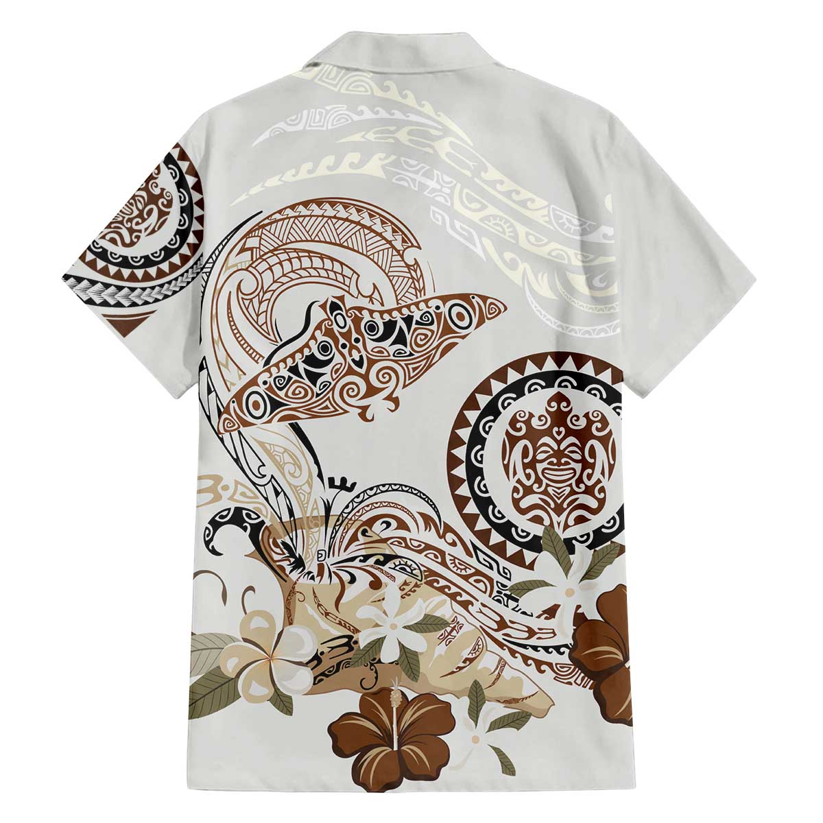 Polynesian Manta Ray Family Matching Off The Shoulder Long Sleeve Dress and Hawaiian Shirt Beige Floral Turtle Tattoo LT9 - Polynesian Pride