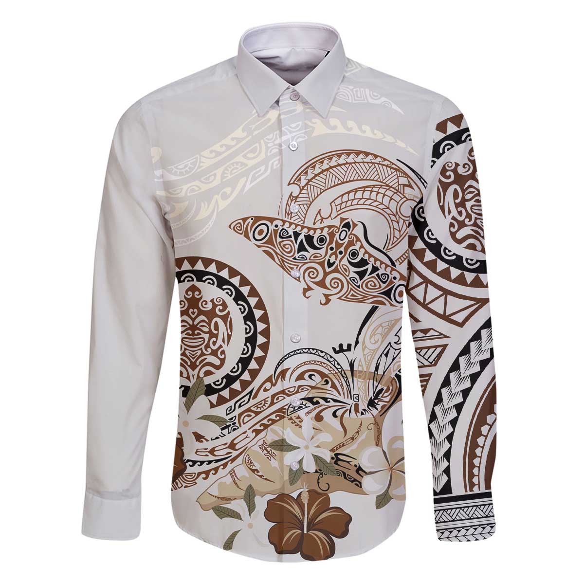Polynesian Manta Ray Family Matching Off The Shoulder Long Sleeve Dress and Hawaiian Shirt Beige Floral Turtle Tattoo LT9 Dad's Shirt - Long Sleeve Beige - Polynesian Pride