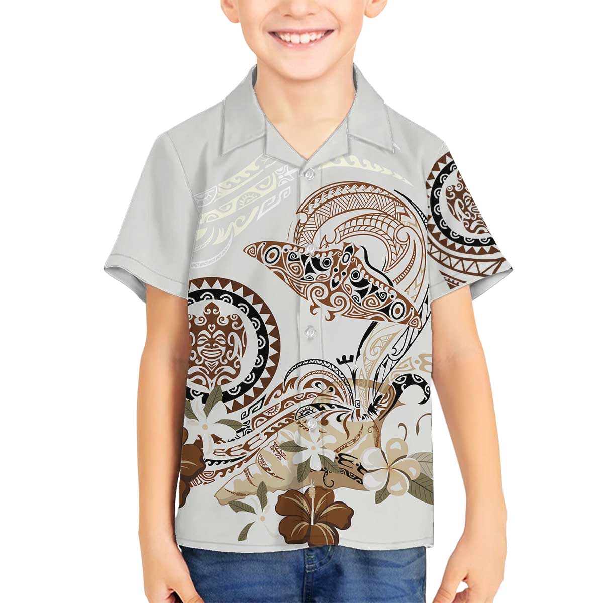 Polynesian Manta Ray Family Matching Off The Shoulder Long Sleeve Dress and Hawaiian Shirt Beige Floral Turtle Tattoo LT9 Son's Shirt Beige - Polynesian Pride