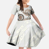 Polynesian Manta Ray Family Matching Off Shoulder Maxi Dress and Hawaiian Shirt Beige Floral Turtle Tattoo LT9 Daughter's Dress Beige - Polynesian Pride