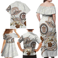 Polynesian Manta Ray Family Matching Off Shoulder Maxi Dress and Hawaiian Shirt Beige Floral Turtle Tattoo LT9 - Polynesian Pride