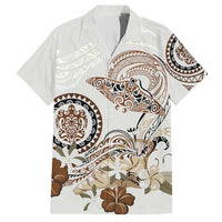 Polynesian Manta Ray Family Matching Off Shoulder Maxi Dress and Hawaiian Shirt Beige Floral Turtle Tattoo LT9 Dad's Shirt - Short Sleeve Beige - Polynesian Pride
