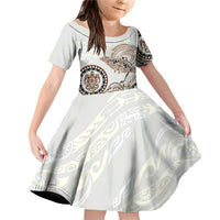 Polynesian Manta Ray Family Matching Off Shoulder Short Dress and Hawaiian Shirt Beige Floral Turtle Tattoo LT9 Daughter's Dress Beige - Polynesian Pride