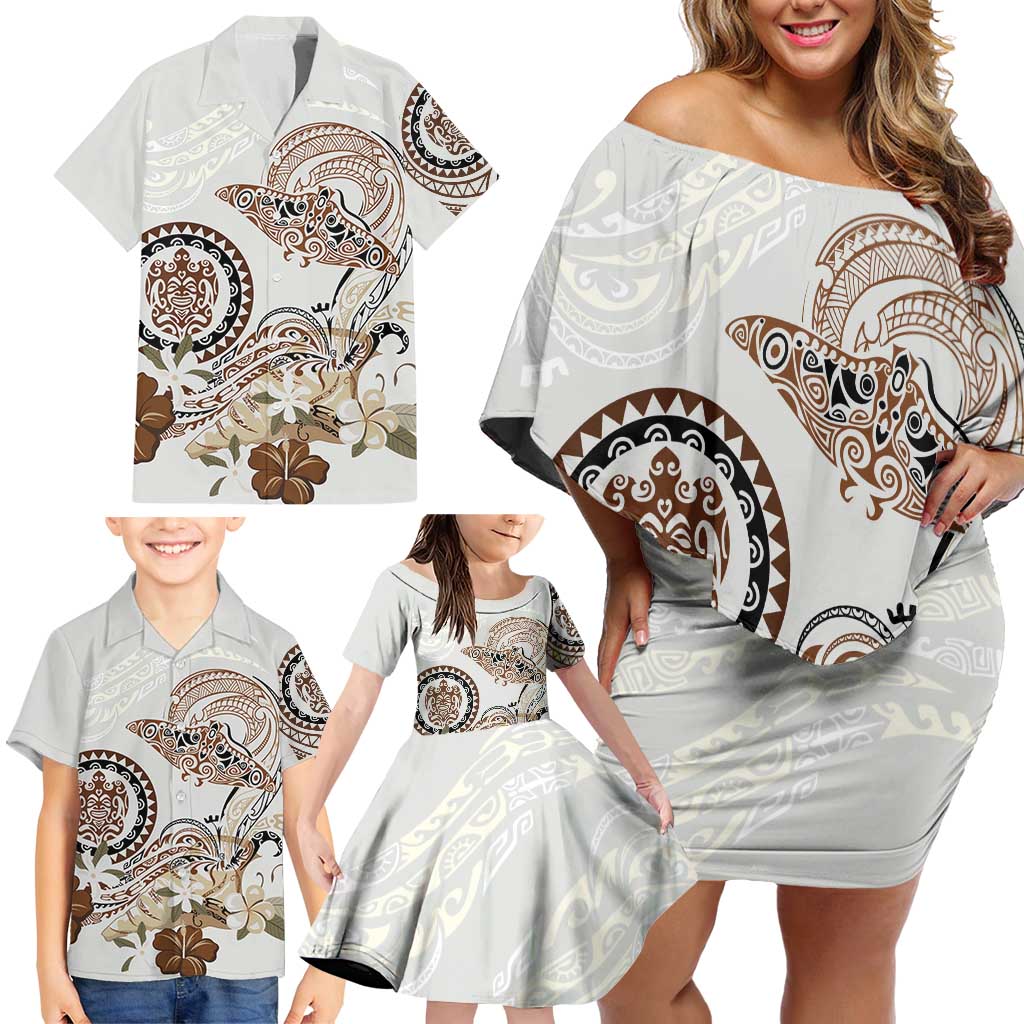 Polynesian Manta Ray Family Matching Off Shoulder Short Dress and Hawaiian Shirt Beige Floral Turtle Tattoo LT9 - Polynesian Pride