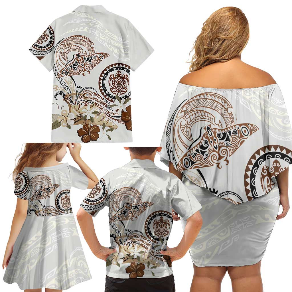 Polynesian Manta Ray Family Matching Off Shoulder Short Dress and Hawaiian Shirt Beige Floral Turtle Tattoo LT9 - Polynesian Pride