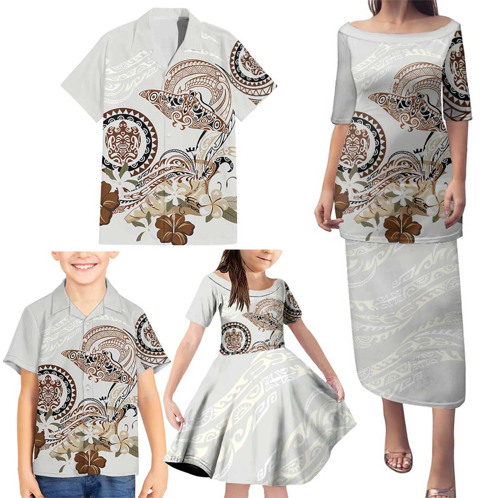Polynesian Manta Ray Family Matching Puletasi and Hawaiian Shirt Beige Floral Turtle Tattoo LT9 - Polynesian Pride