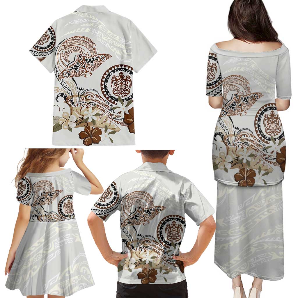 Polynesian Manta Ray Family Matching Puletasi and Hawaiian Shirt Beige Floral Turtle Tattoo LT9 - Polynesian Pride