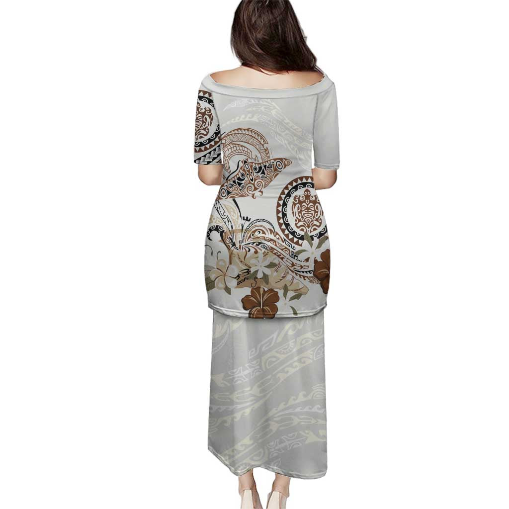 Polynesian Manta Ray Family Matching Puletasi and Hawaiian Shirt Beige Floral Turtle Tattoo LT9 - Polynesian Pride