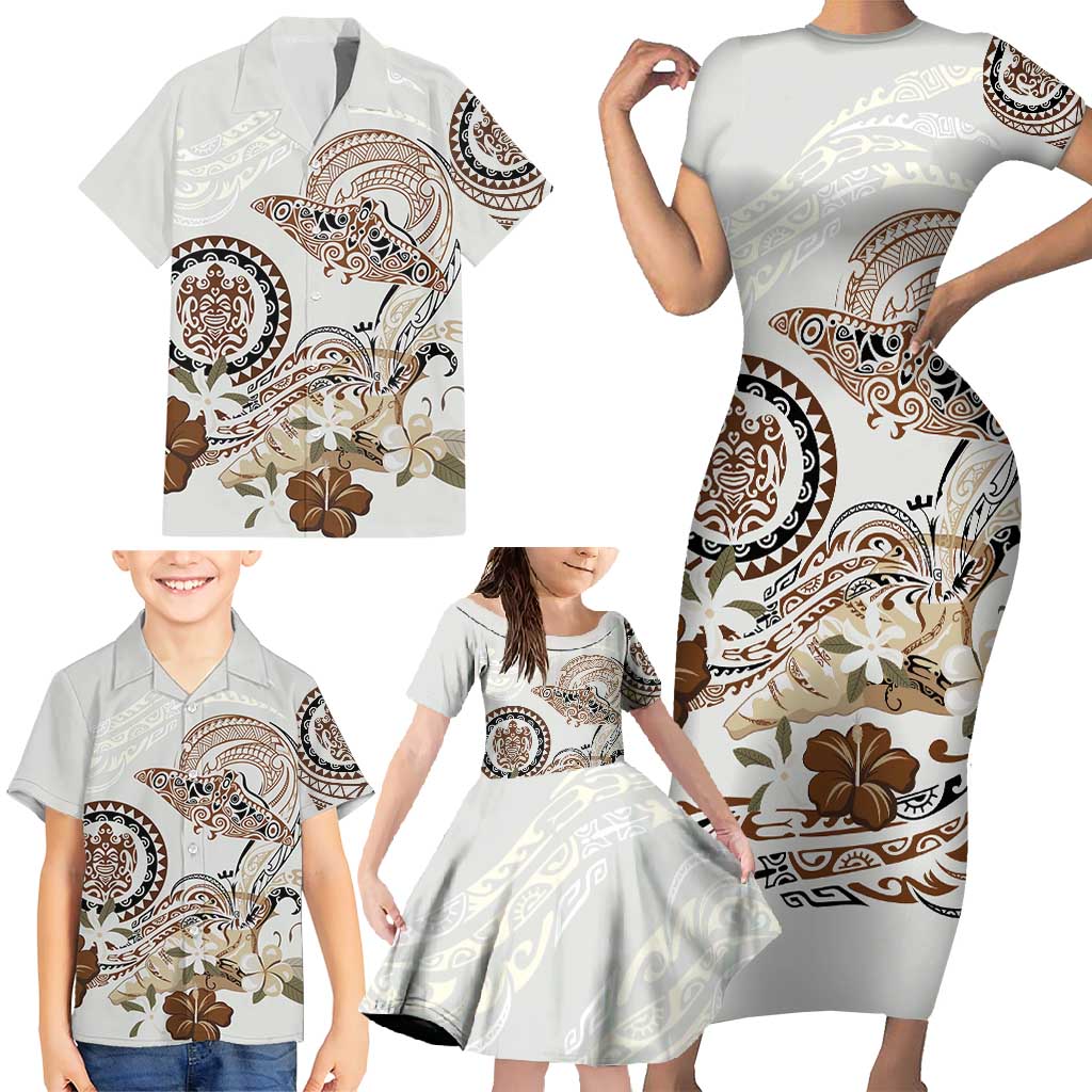 Polynesian Manta Ray Family Matching Short Sleeve Bodycon Dress and Hawaiian Shirt Beige Floral Turtle Tattoo LT9 - Polynesian Pride