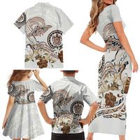 Polynesian Manta Ray Family Matching Short Sleeve Bodycon Dress and Hawaiian Shirt Beige Floral Turtle Tattoo LT9 - Polynesian Pride