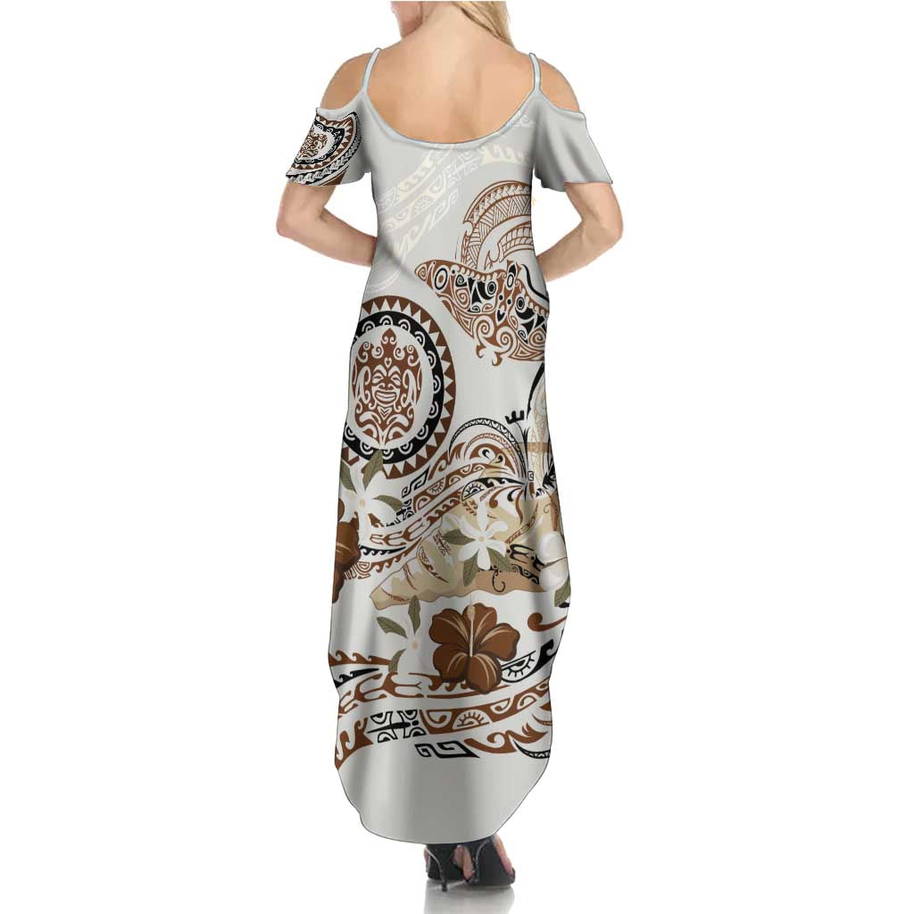 Polynesian Manta Ray Family Matching Summer Maxi Dress and Hawaiian Shirt Beige Floral Turtle Tattoo LT9 - Polynesian Pride