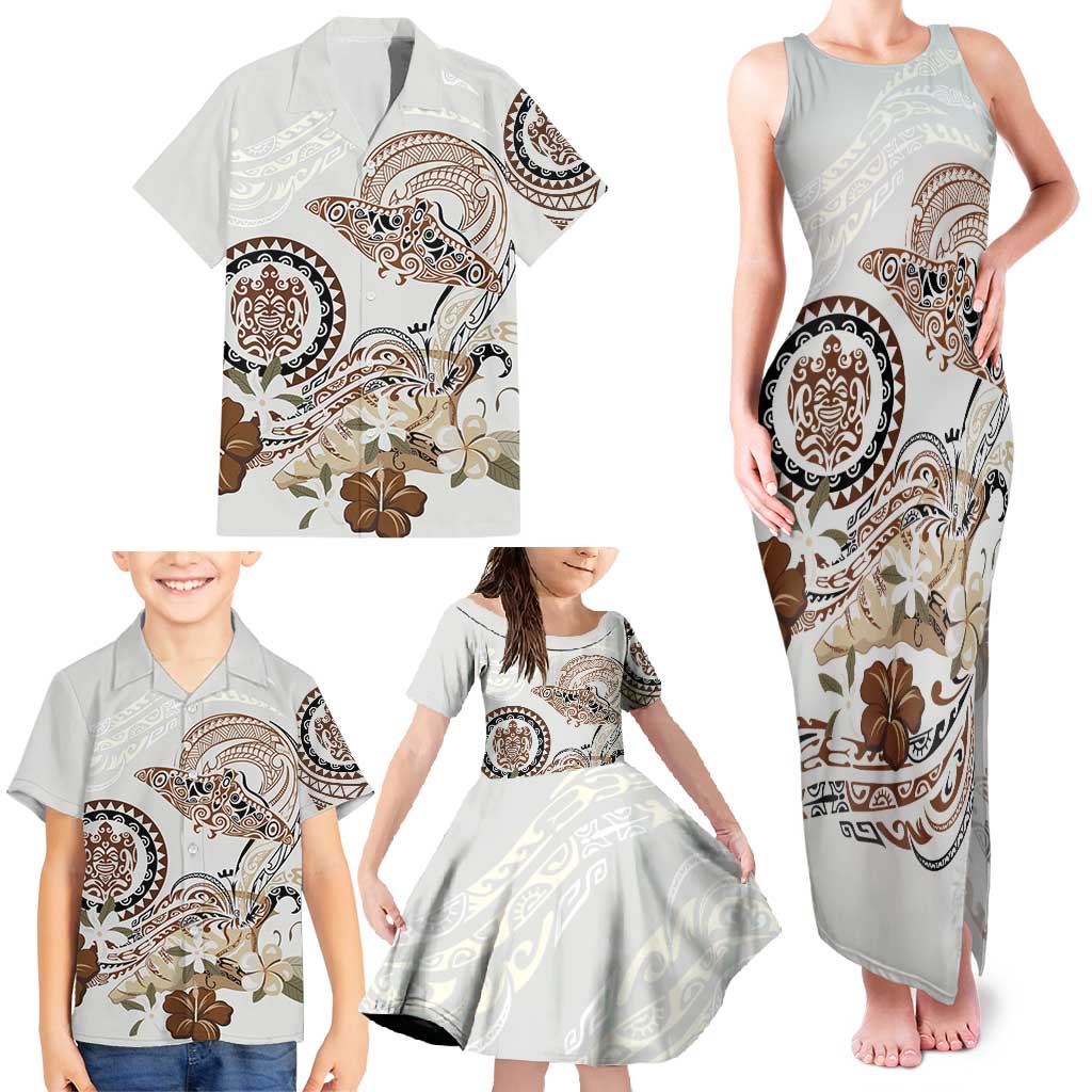 Polynesian Manta Ray Family Matching Tank Maxi Dress and Hawaiian Shirt Beige Floral Turtle Tattoo LT9 - Polynesian Pride