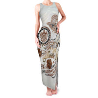 Polynesian Manta Ray Family Matching Tank Maxi Dress and Hawaiian Shirt Beige Floral Turtle Tattoo LT9 Mom's Dress Beige - Polynesian Pride