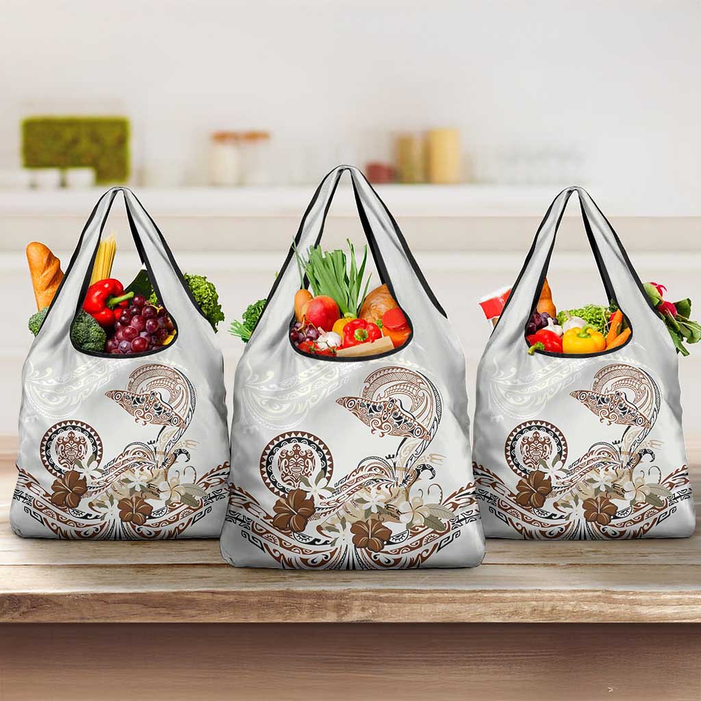 Polynesian Manta Ray Grocery Bag Beige Floral Turtle Tattoo - Polynesian Pride
