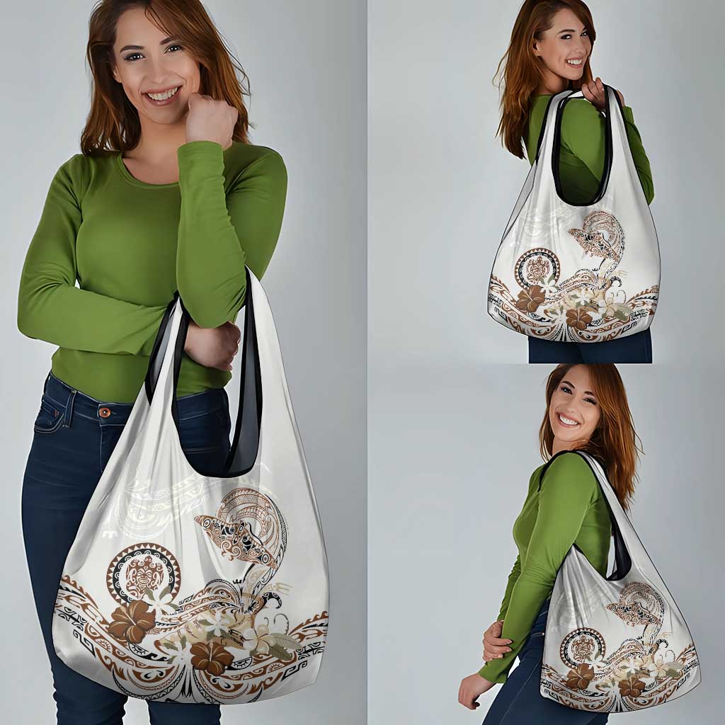 Polynesian Manta Ray Grocery Bag Beige Floral Turtle Tattoo - Polynesian Pride