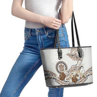 Polynesian Manta Ray Leather Tote Bag Beige Floral Turtle Tattoo - Polynesian Pride