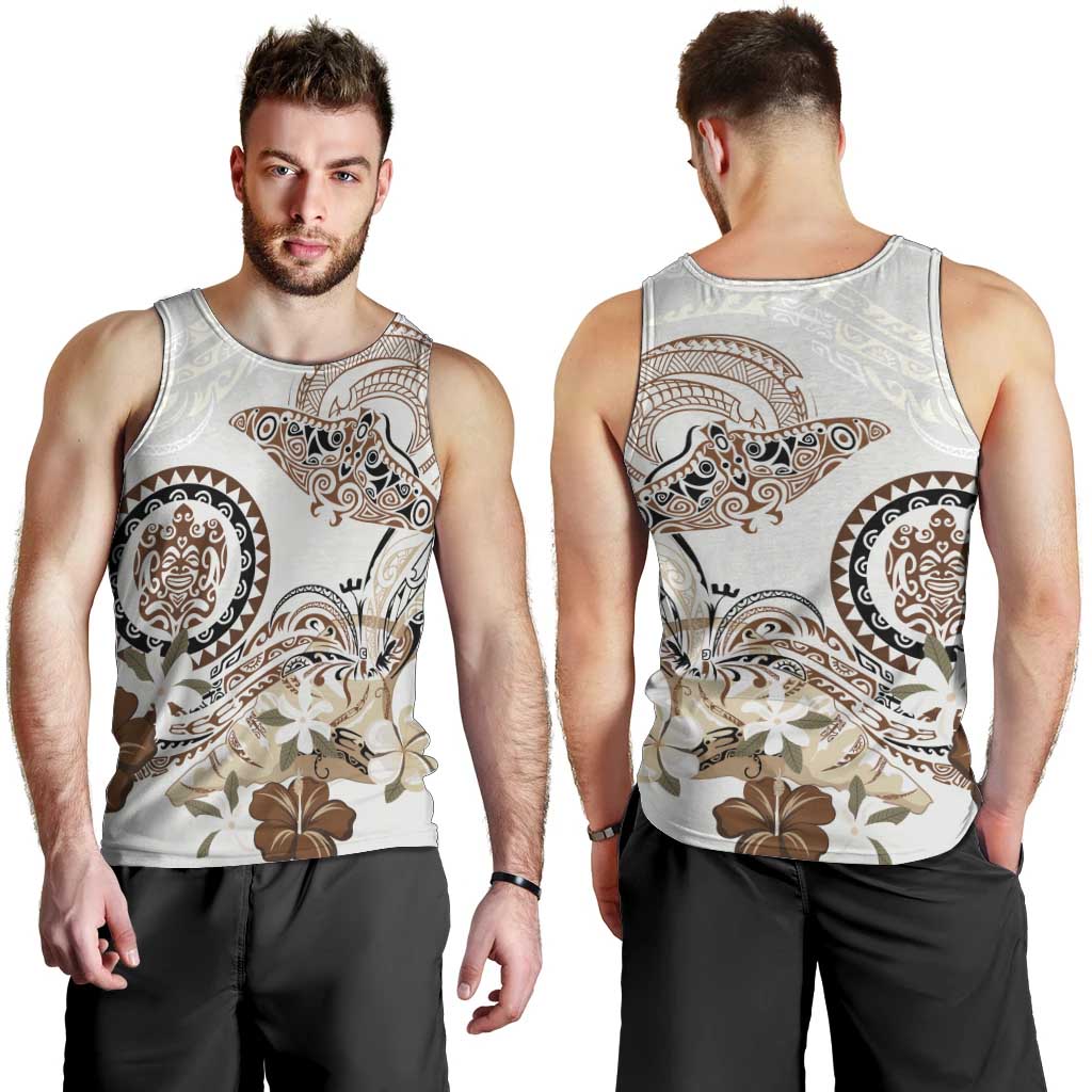 Polynesian Manta Ray Men Tank Top Beige Floral Turtle Tattoo LT9 - Polynesian Pride