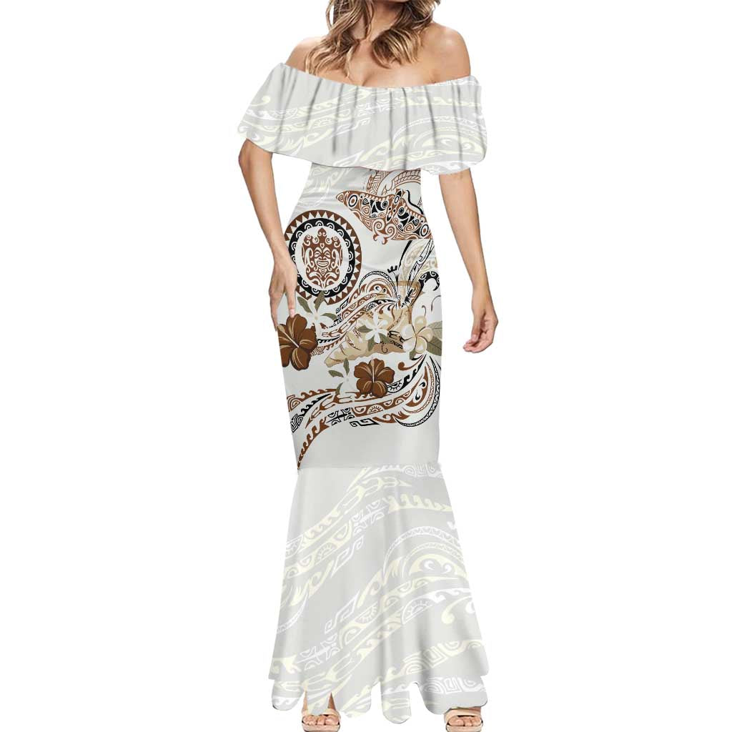 Polynesian Manta Ray Mermaid Dress Beige Floral Turtle Tattoo - Polynesian Pride