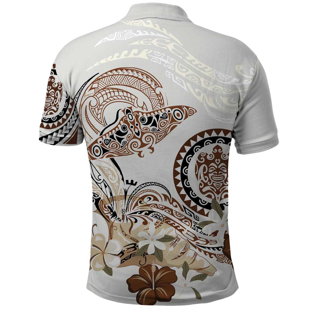 Polynesian Manta Ray Polo Shirt Beige Floral Turtle Tattoo - Polynesian Pride