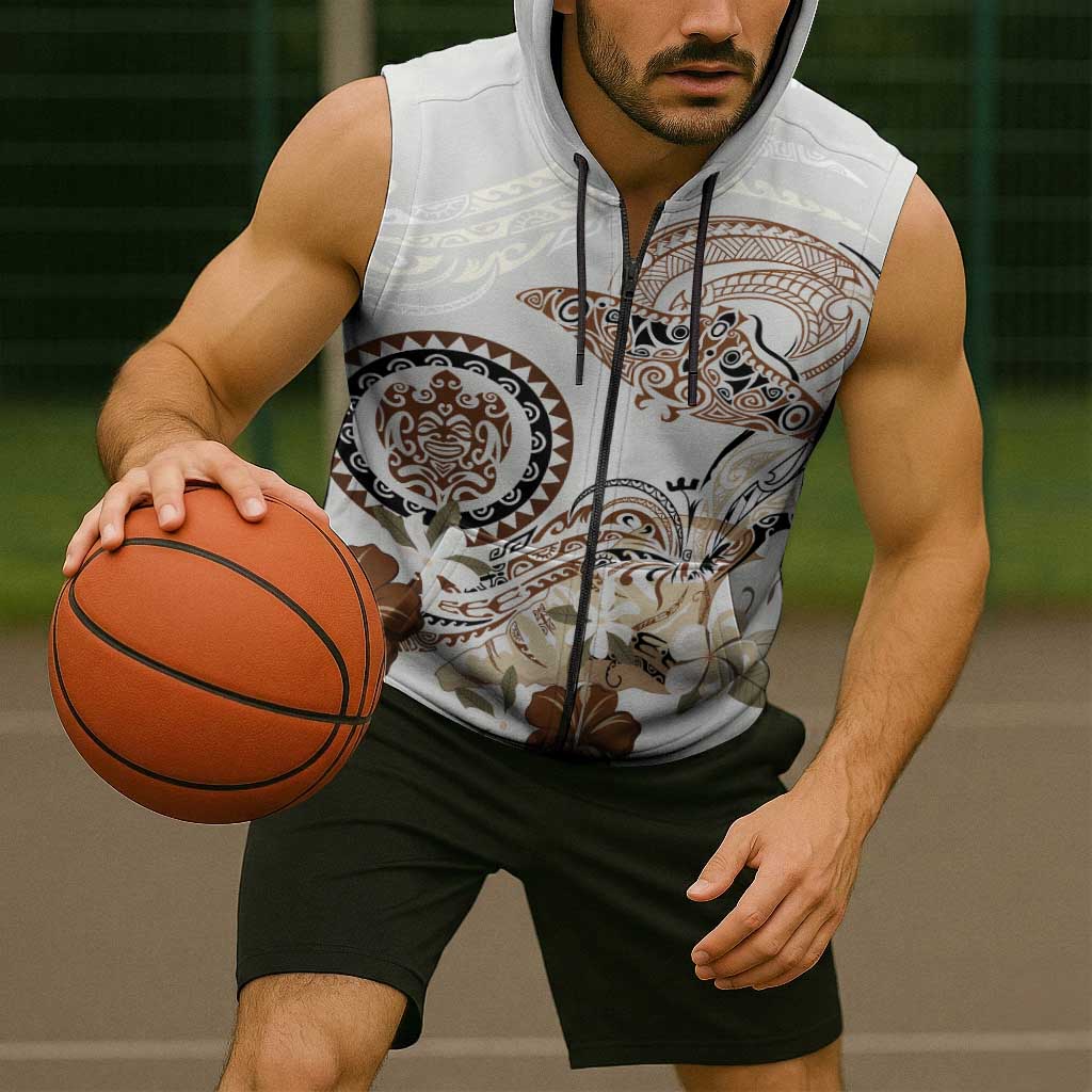 Polynesian Manta Ray Sleeveless Zip Hoodie Beige Floral Turtle Tattoo - Polynesian Pride