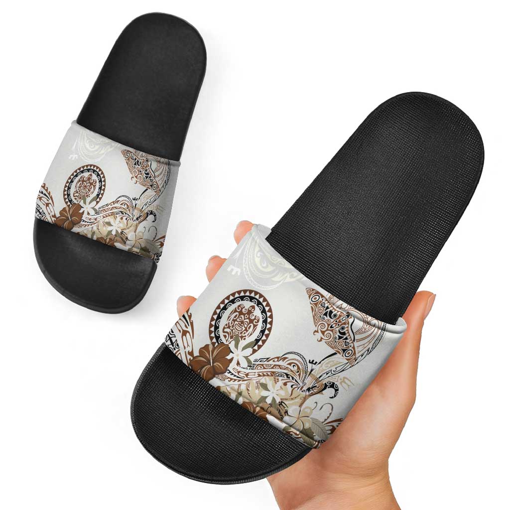 Polynesian Manta Ray Slide Sandals Beige Floral Turtle Tattoo - Polynesian Pride