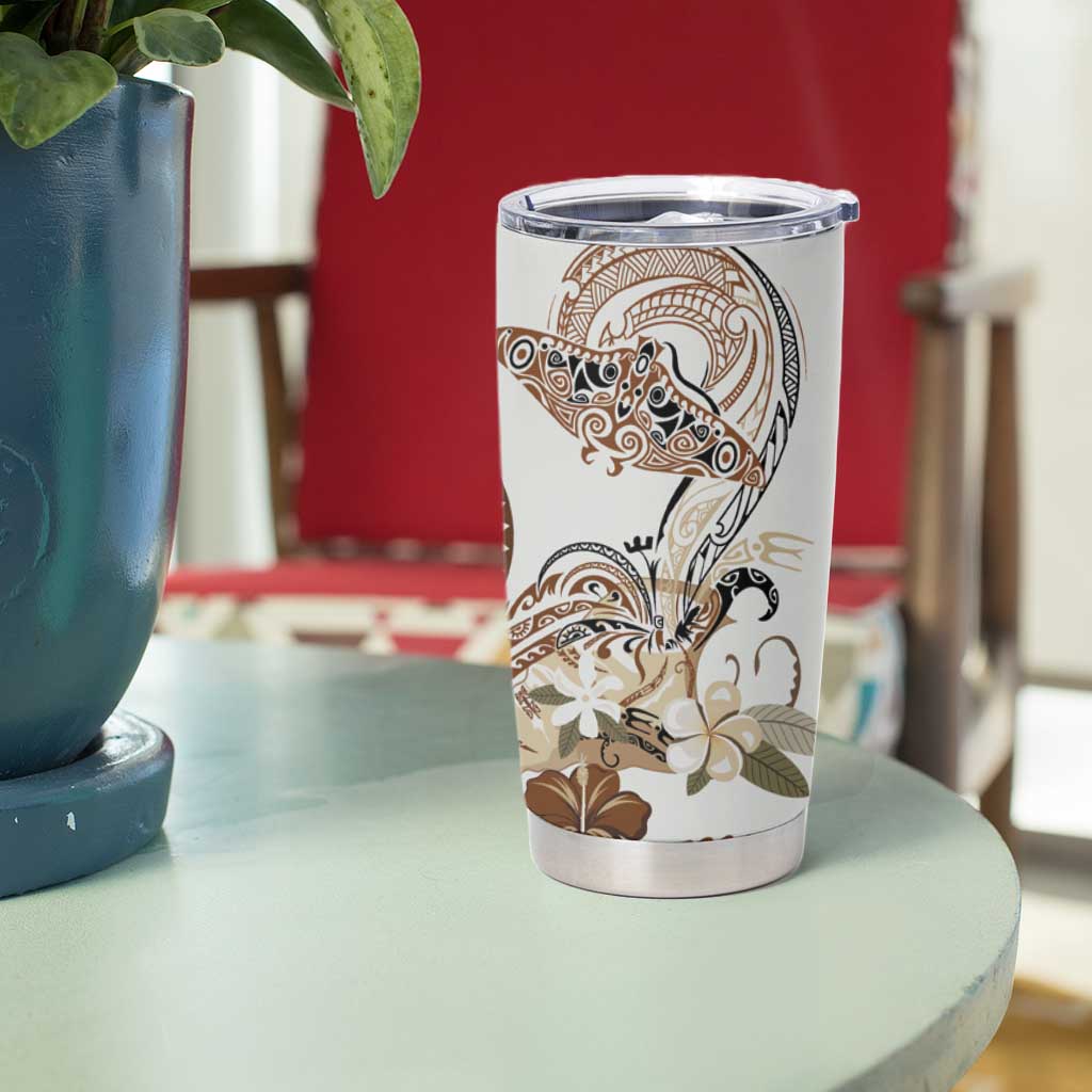 Polynesian Manta Ray Tumbler Cup Beige Floral Turtle Tattoo - Polynesian Pride