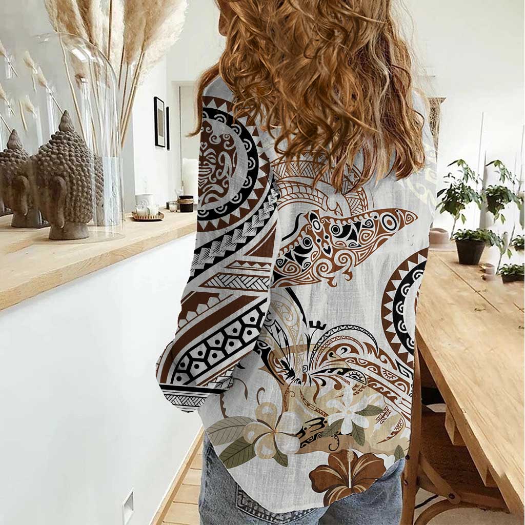 Polynesian Manta Ray Women Casual Shirt Beige Floral Turtle Tattoo - Polynesian Pride