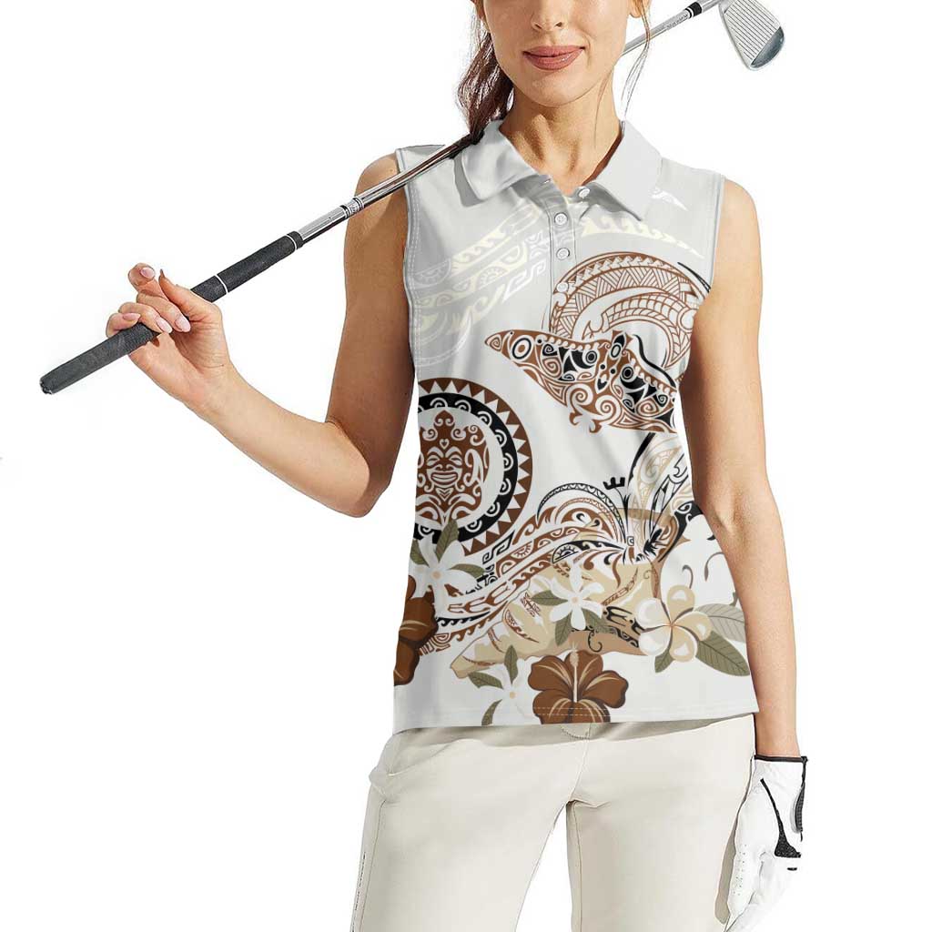 Polynesian Manta Ray Women Sleeveless Polo Shirt Beige Floral Turtle Tattoo - Polynesian Pride