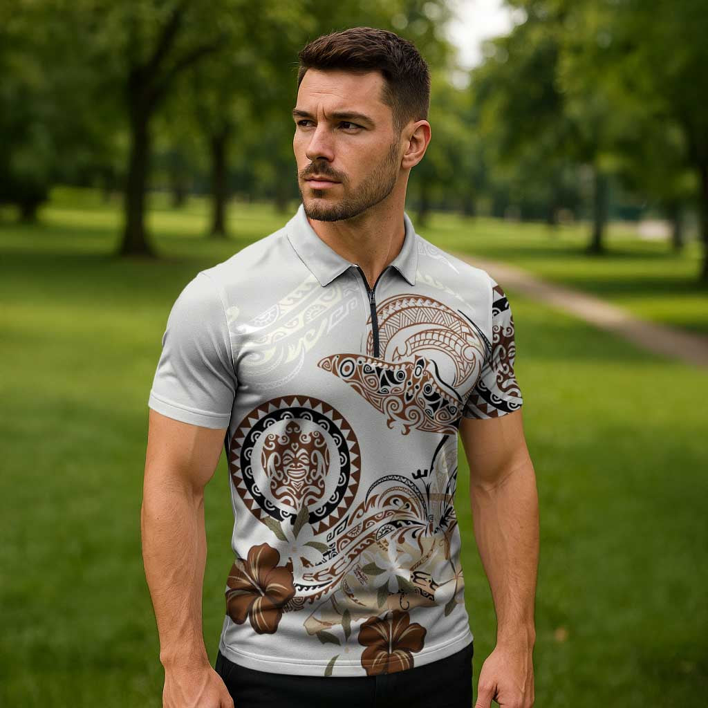 Polynesian Manta Ray Zipper Polo Shirt Beige Floral Turtle Tattoo - Polynesian Pride