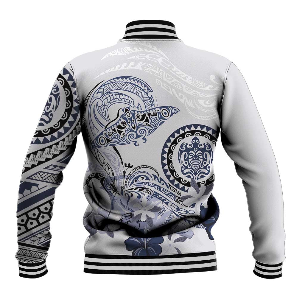 Polynesian Manta Ray Baseball Jacket Blue Floral Turtle Tattoo - Polynesian Pride