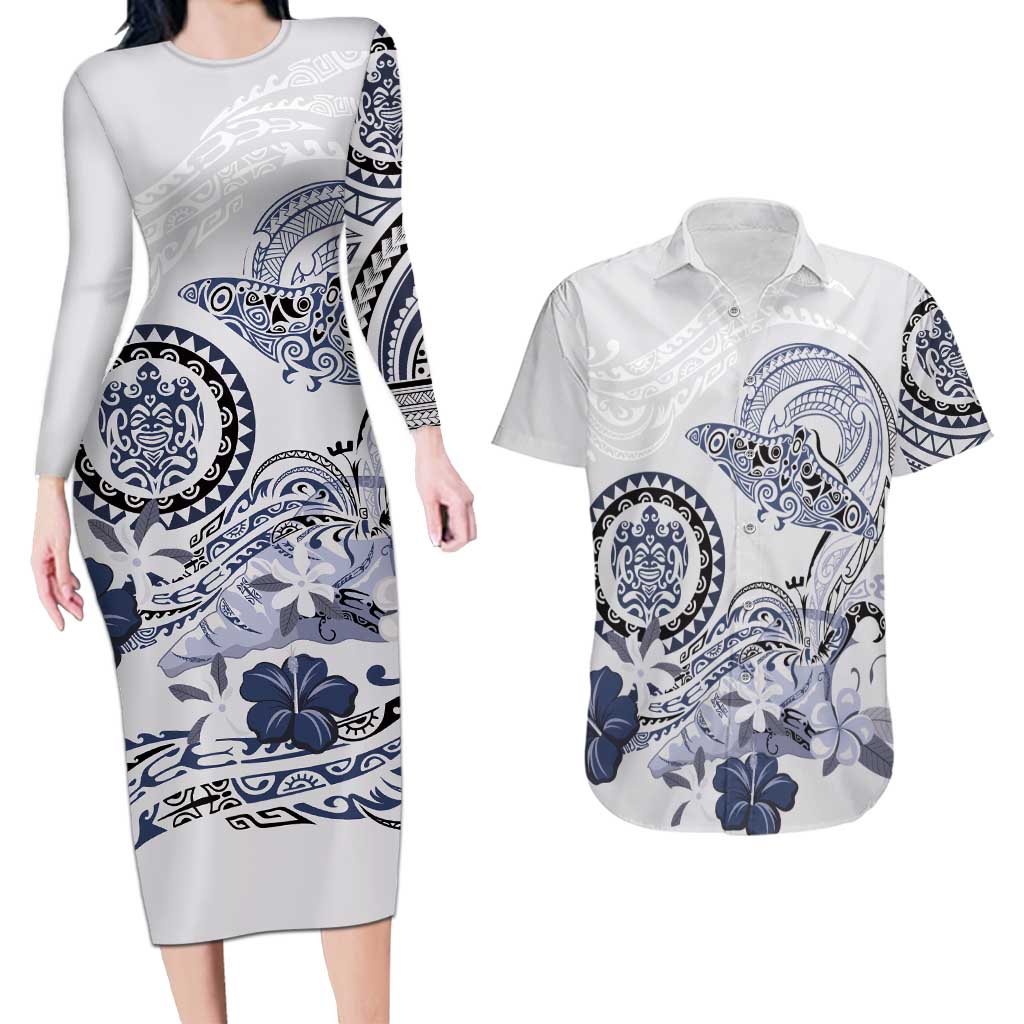 Polynesian Manta Ray Couples Matching Long Sleeve Bodycon Dress and Hawaiian Shirt Blue Floral Turtle Tattoo LT9 Blue - Polynesian Pride