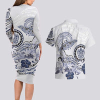 Polynesian Manta Ray Couples Matching Long Sleeve Bodycon Dress and Hawaiian Shirt Blue Floral Turtle Tattoo LT9 - Polynesian Pride