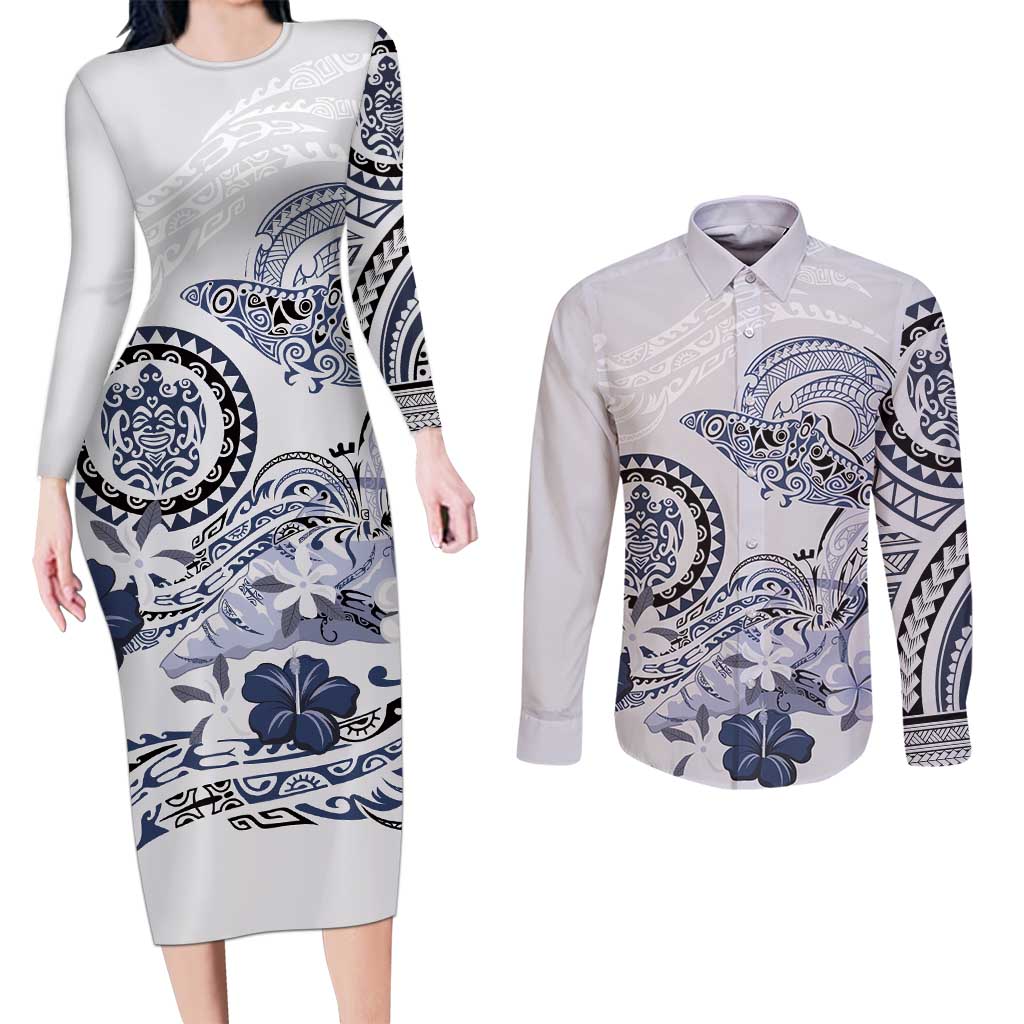 Polynesian Manta Ray Couples Matching Long Sleeve Bodycon Dress and Long Sleeve Button Shirt Blue Floral Turtle Tattoo LT9 Blue - Polynesian Pride