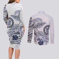 Polynesian Manta Ray Couples Matching Long Sleeve Bodycon Dress and Long Sleeve Button Shirt Blue Floral Turtle Tattoo LT9 - Polynesian Pride