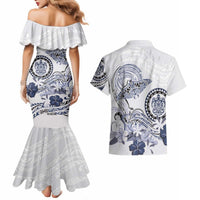 Polynesian Manta Ray Couples Matching Mermaid Dress and Hawaiian Shirt Blue Floral Turtle Tattoo LT9 - Polynesian Pride