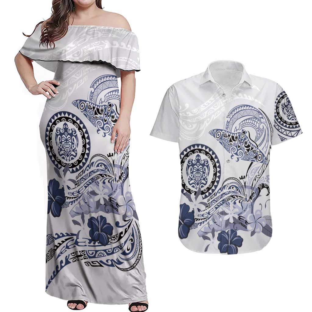 Polynesian Manta Ray Couples Matching Off Shoulder Maxi Dress and Hawaiian Shirt Blue Floral Turtle Tattoo LT9 Blue - Polynesian Pride