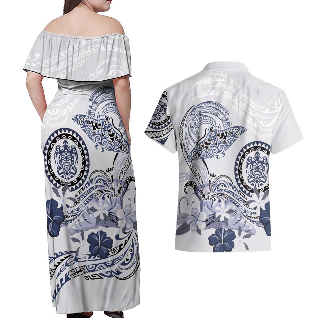 Polynesian Manta Ray Couples Matching Off Shoulder Maxi Dress and Hawaiian Shirt Blue Floral Turtle Tattoo LT9 - Polynesian Pride