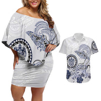 Polynesian Manta Ray Couples Matching Off Shoulder Short Dress and Hawaiian Shirt Blue Floral Turtle Tattoo LT9 Blue - Polynesian Pride