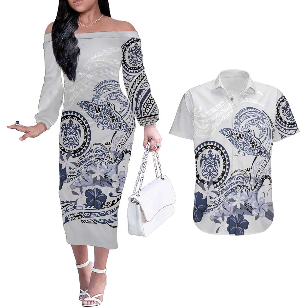 Polynesian Manta Ray Couples Matching Off The Shoulder Long Sleeve Dress and Hawaiian Shirt Blue Floral Turtle Tattoo LT9 Blue - Polynesian Pride