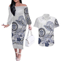 Polynesian Manta Ray Couples Matching Off The Shoulder Long Sleeve Dress and Hawaiian Shirt Blue Floral Turtle Tattoo LT9 Blue - Polynesian Pride