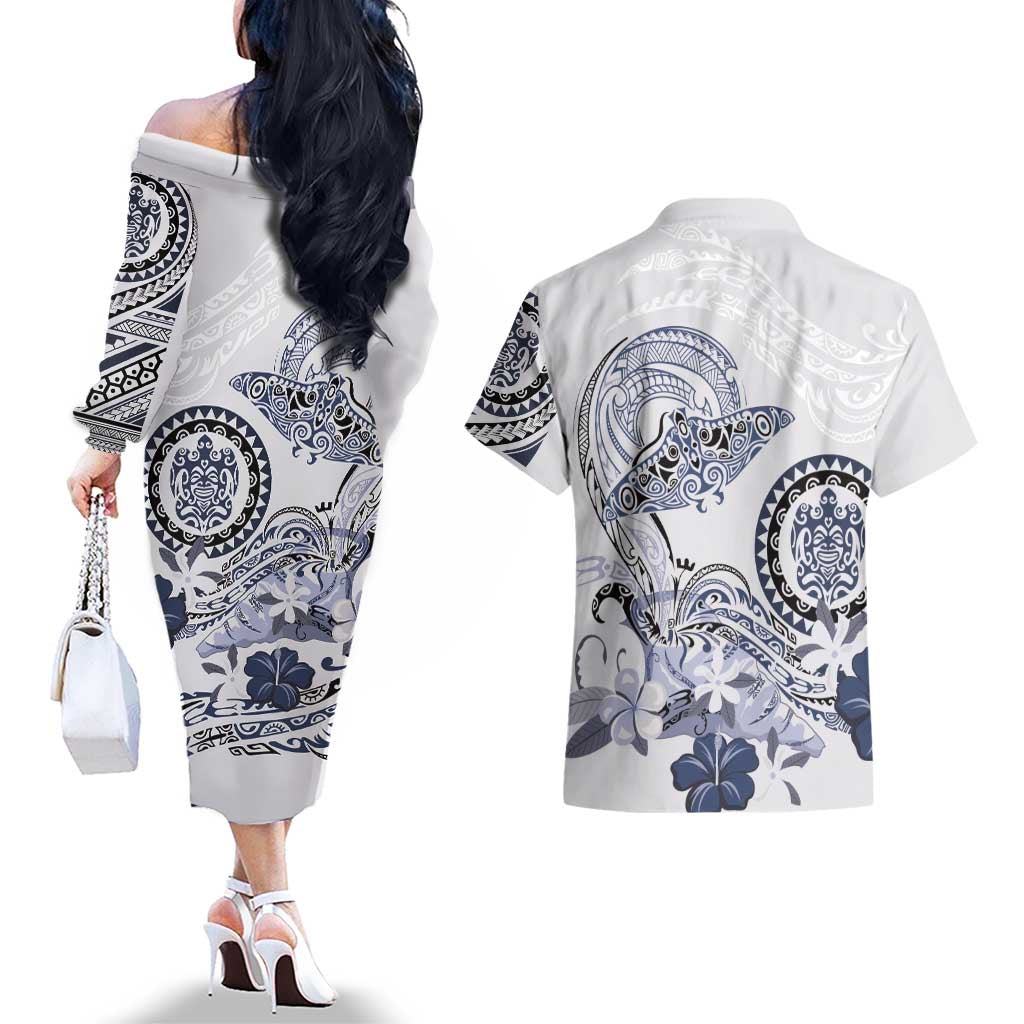 Polynesian Manta Ray Couples Matching Off The Shoulder Long Sleeve Dress and Hawaiian Shirt Blue Floral Turtle Tattoo LT9 - Polynesian Pride