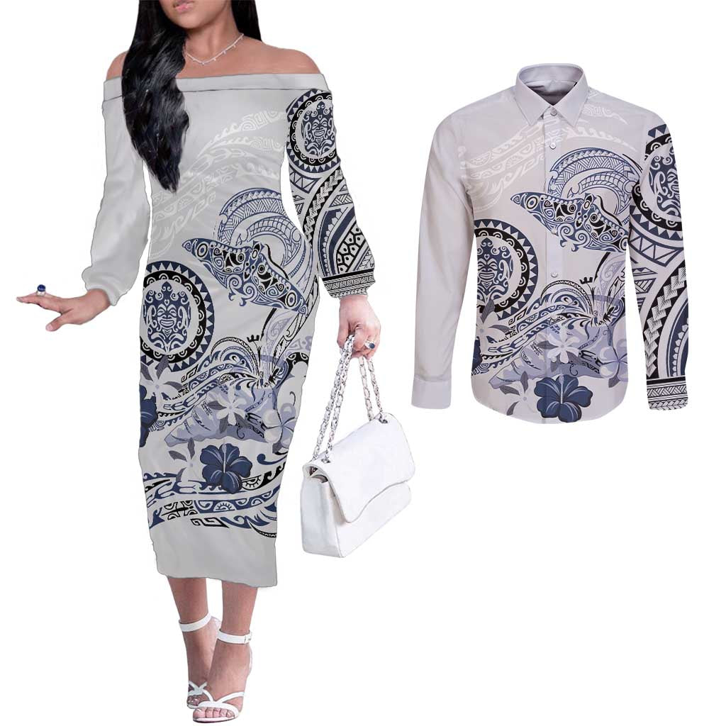 Polynesian Manta Ray Couples Matching Off The Shoulder Long Sleeve Dress and Long Sleeve Button Shirt Blue Floral Turtle Tattoo LT9 Blue - Polynesian Pride