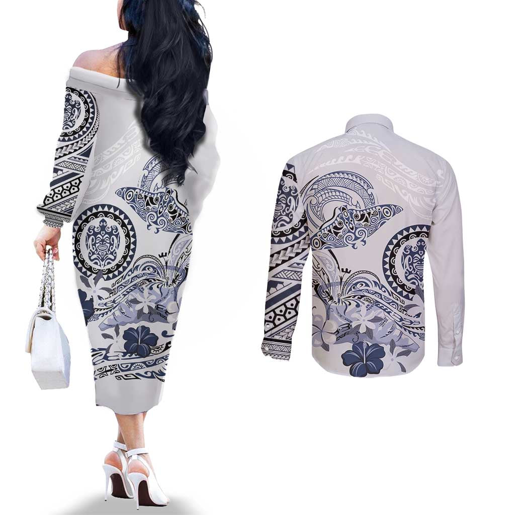 Polynesian Manta Ray Couples Matching Off The Shoulder Long Sleeve Dress and Long Sleeve Button Shirt Blue Floral Turtle Tattoo LT9 - Polynesian Pride