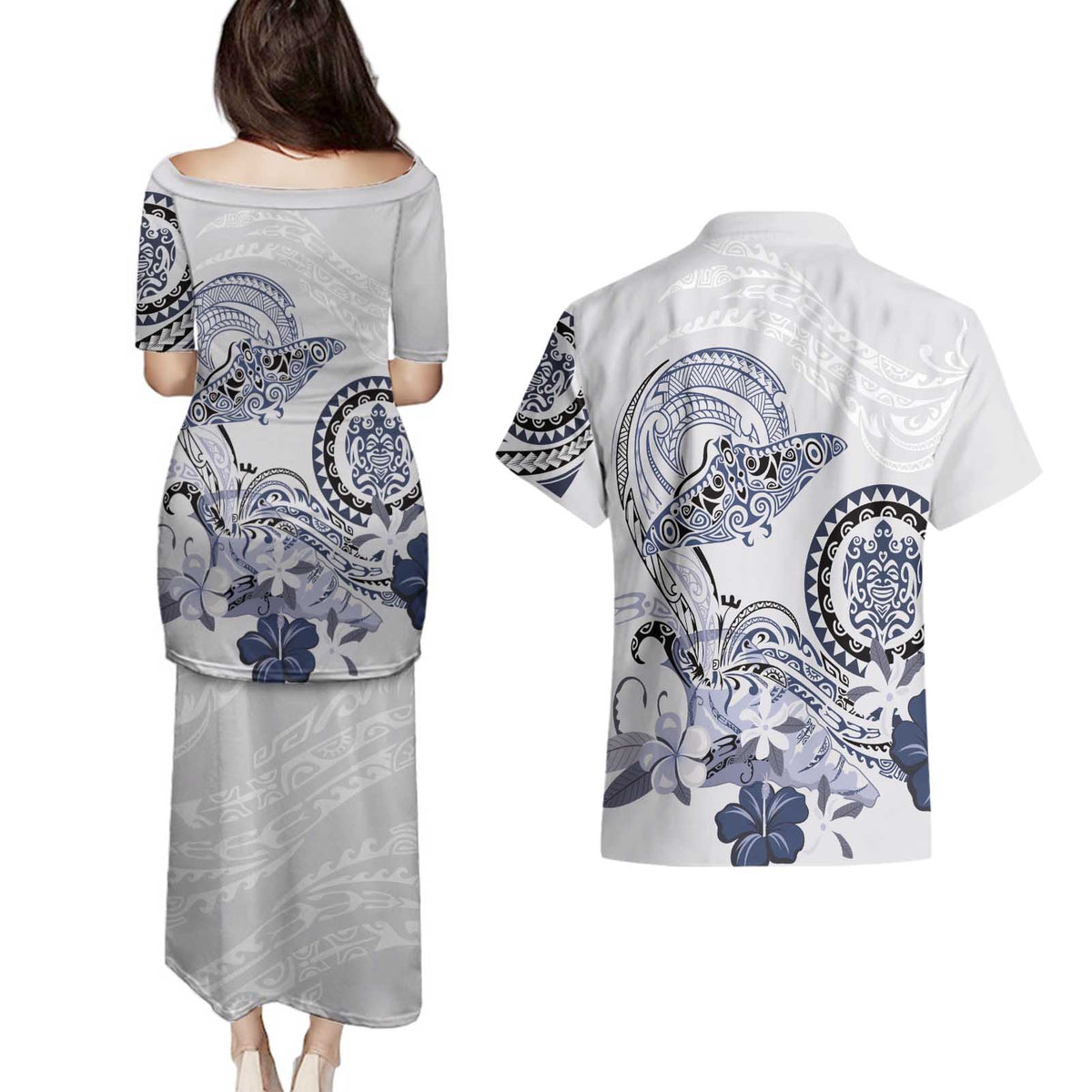 Polynesian Manta Ray Couples Matching Puletasi and Hawaiian Shirt Blue Floral Turtle Tattoo - Polynesian Pride