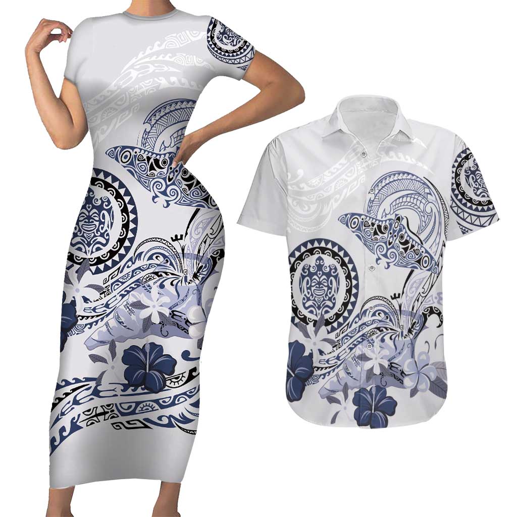 Polynesian Manta Ray Couples Matching Short Sleeve Bodycon Dress and Hawaiian Shirt Blue Floral Turtle Tattoo LT9 Blue - Polynesian Pride